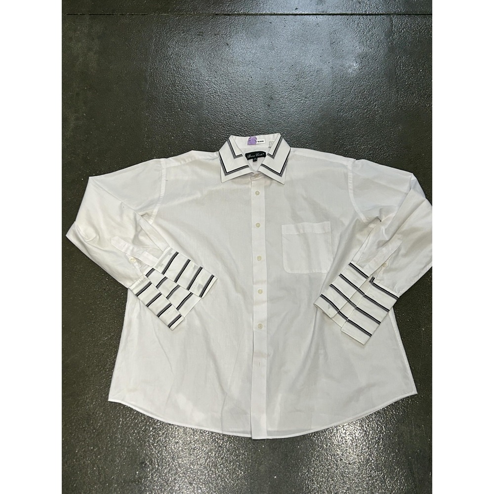 Bruno Conte Shirt Mens 17.5 34/35 White Dress Contrast Collar Cuff Stripe Trim